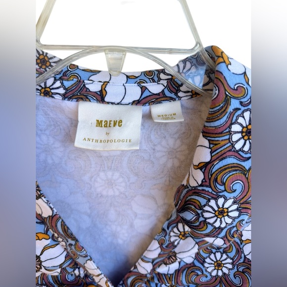 Maeve by Anthropologie Blue Motif Ruched Long Sleeve Shirt Size Medium - Picture 7 of 8